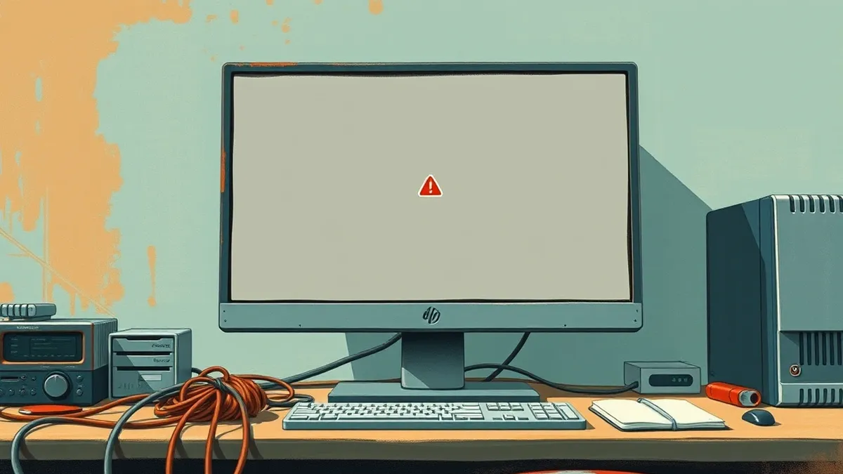 Illustration: A modern desktop computer sits on a cluttered desk, its monitor displaying a frozen, abstract gray interface.