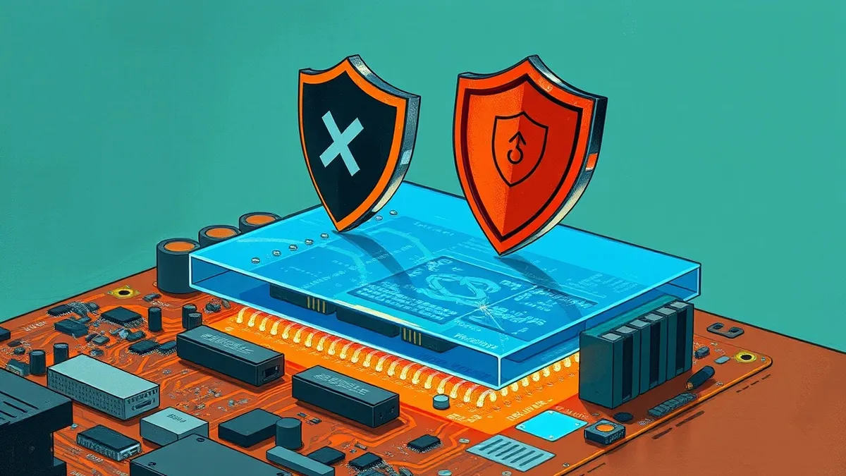 Illustration: A translucent blue bootkit layer sits underneath a glowing motherboard circuit board.