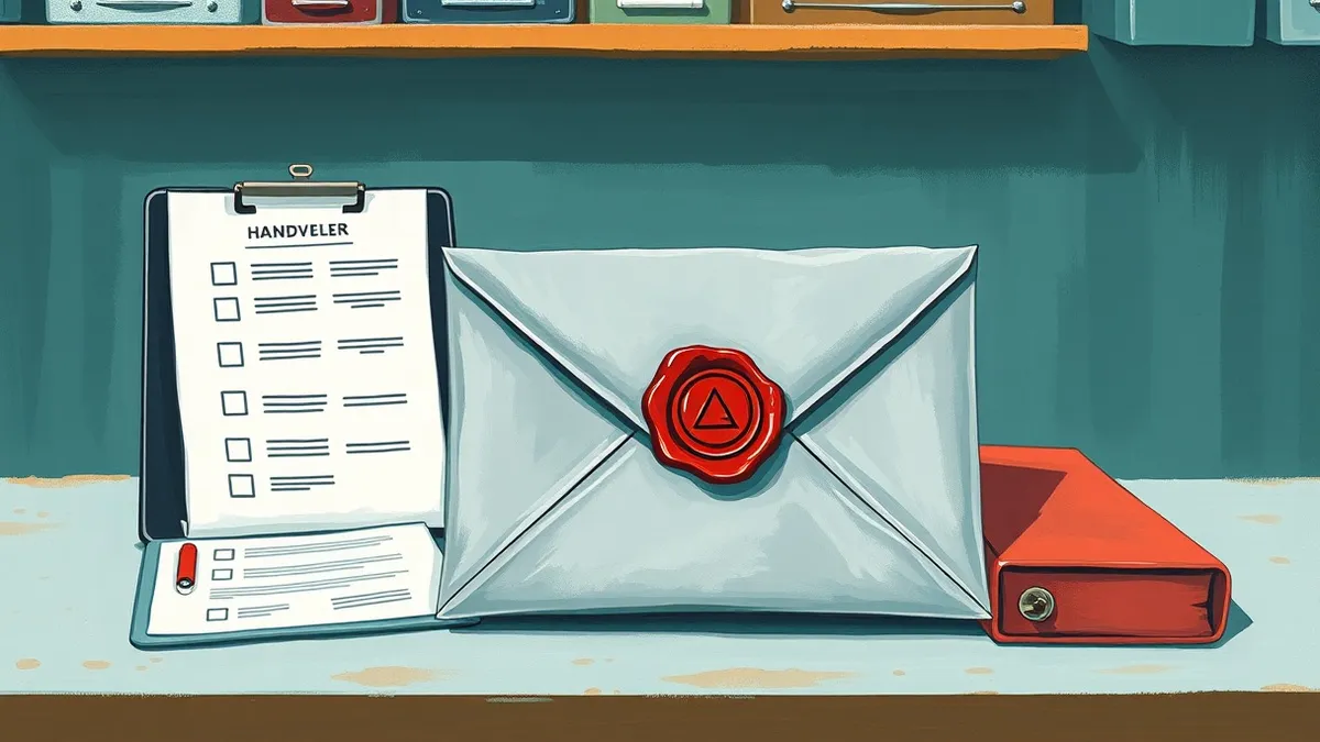 Illustration: A sealed metal envelope sits on a sterile laboratory table next to a formal checklist and a thick legal binder.