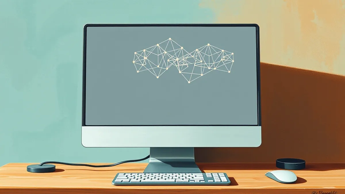 Illustration: A sleek silver desktop computer sits on a wooden desk, its blank monitor reflecting a single, intricate geometric wireframe structure hovering in mid-air beside it.