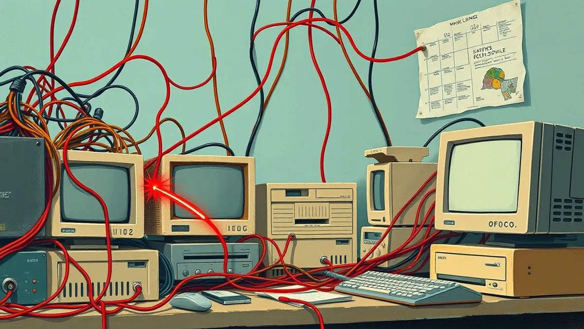 Illustration: A tangle of colorful ethernet cables connects generic beige office computers and printers on a cluttered desk.