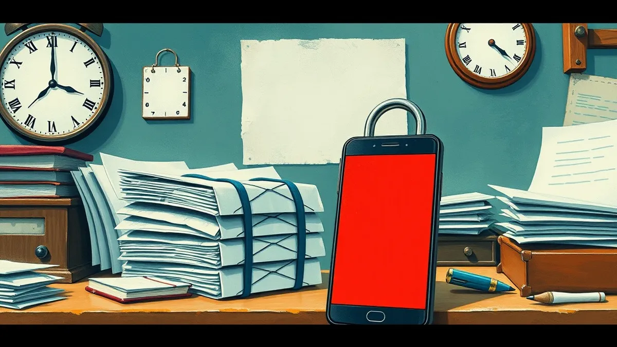 Illustration: A chaotic office desk features a smartphone with a blank red screen next to a physical padlock clamped tightly around a stack of empty envelopes.