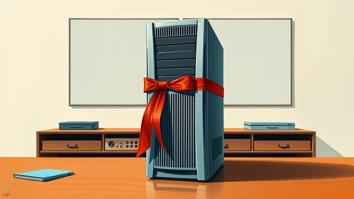 Illustration: A sleek silver server tower sits on a polished wooden desk, emitting soft blue light.