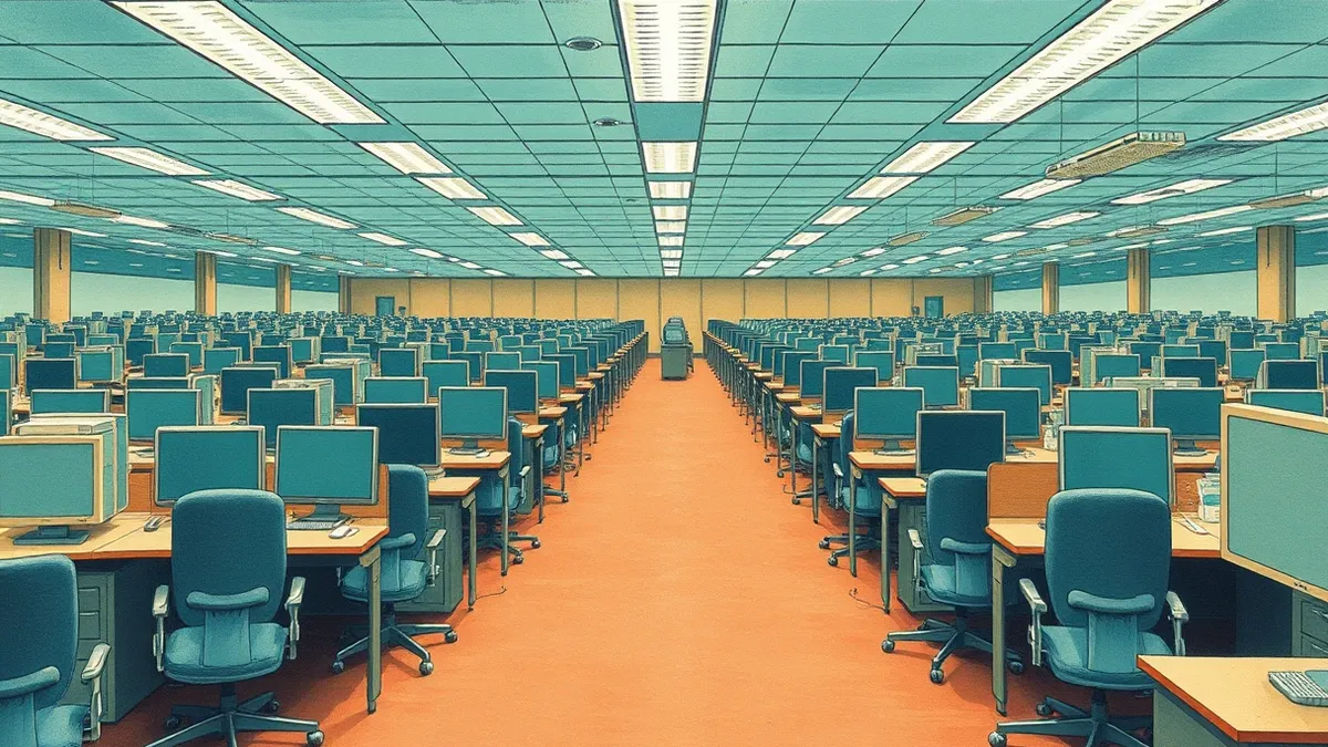 Illustration: A vast, sterile room filled with rows of empty office desks under bright fluorescent lights.