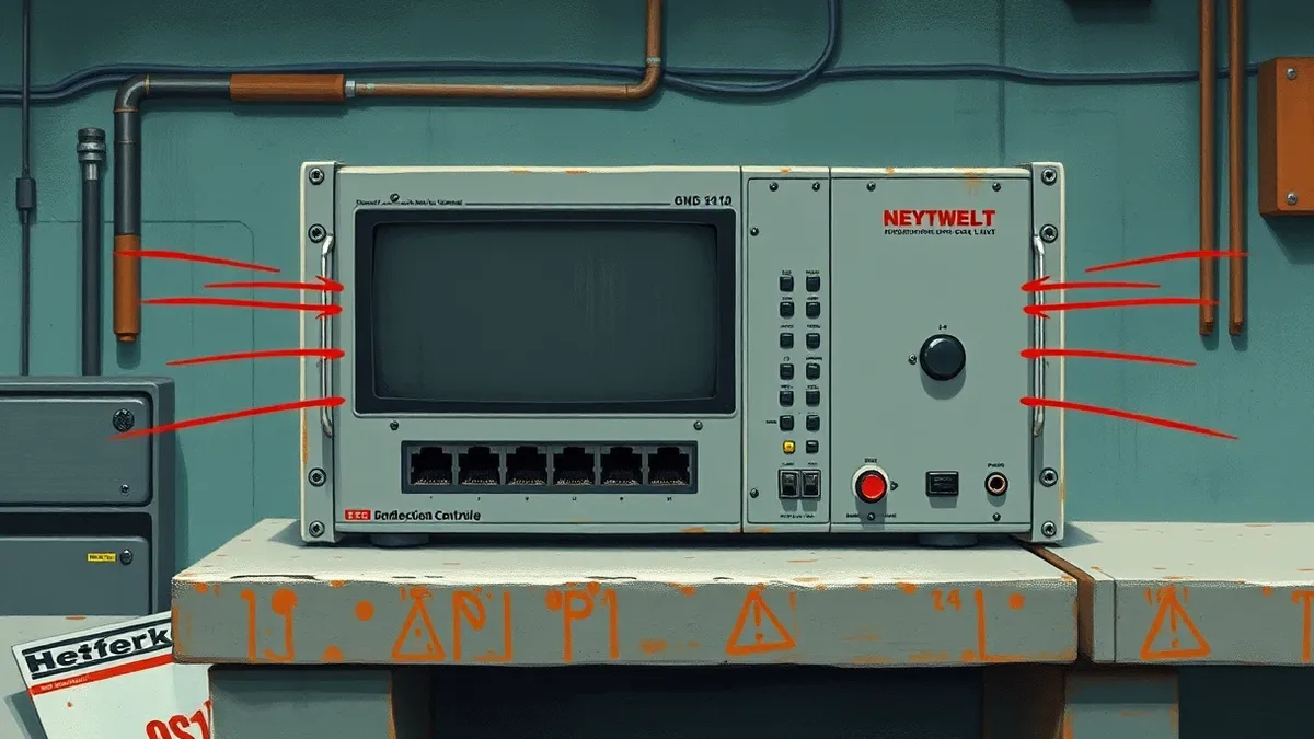 Illustration: A rugged gray industrial controller sits on a concrete workbench, its front panel displaying blank status lights and unlabeled ports.