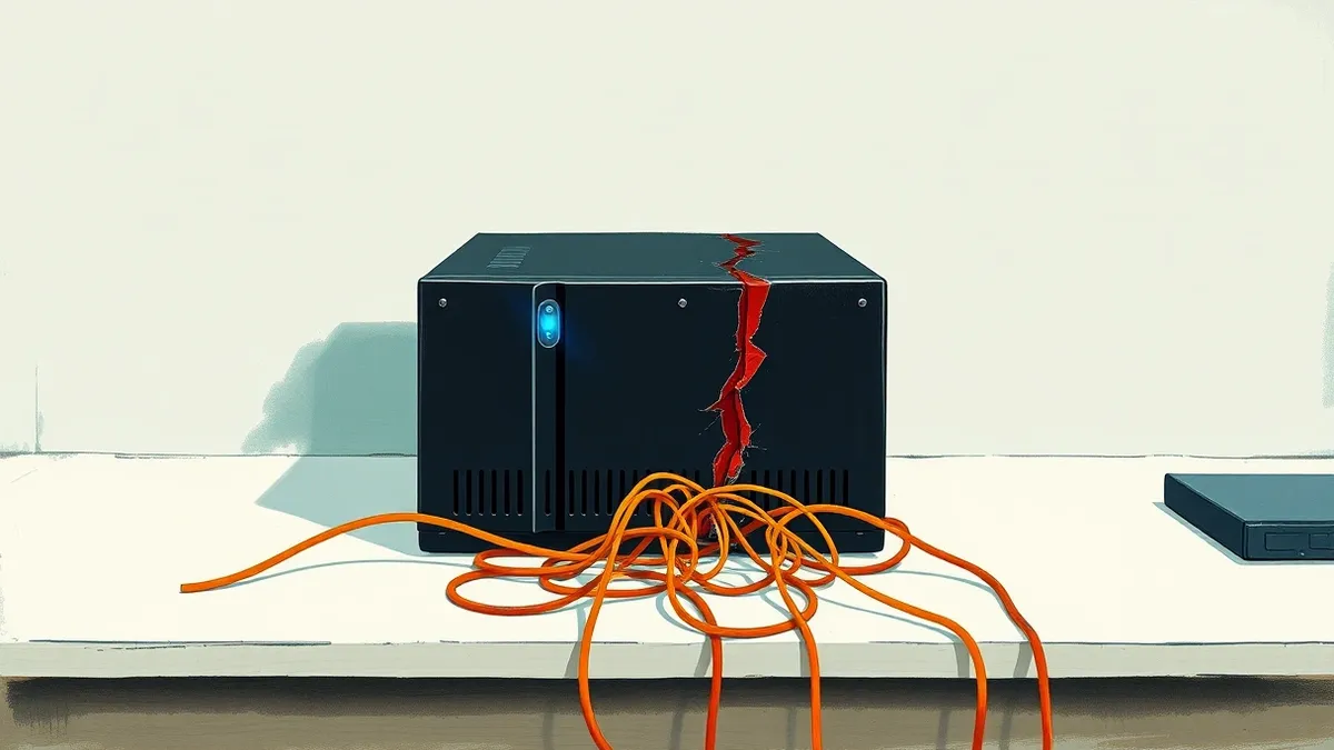 Illustration: A sleek black metal server box sits on a plain desk, its single blue status light flickering erratically.