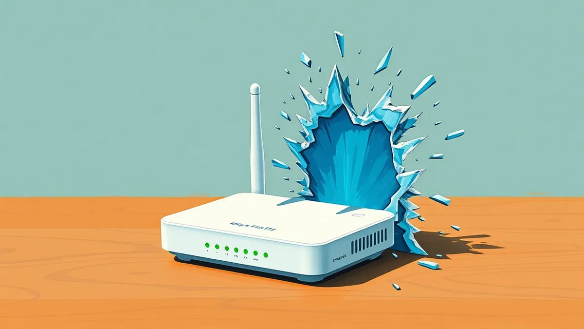 Illustration: A small white wireless router sits on a wooden table with its status lights glowing green.