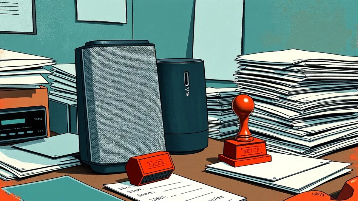 Illustration: A sleek smart speaker sits on a cluttered office desk beside a stack of blank white envelopes.