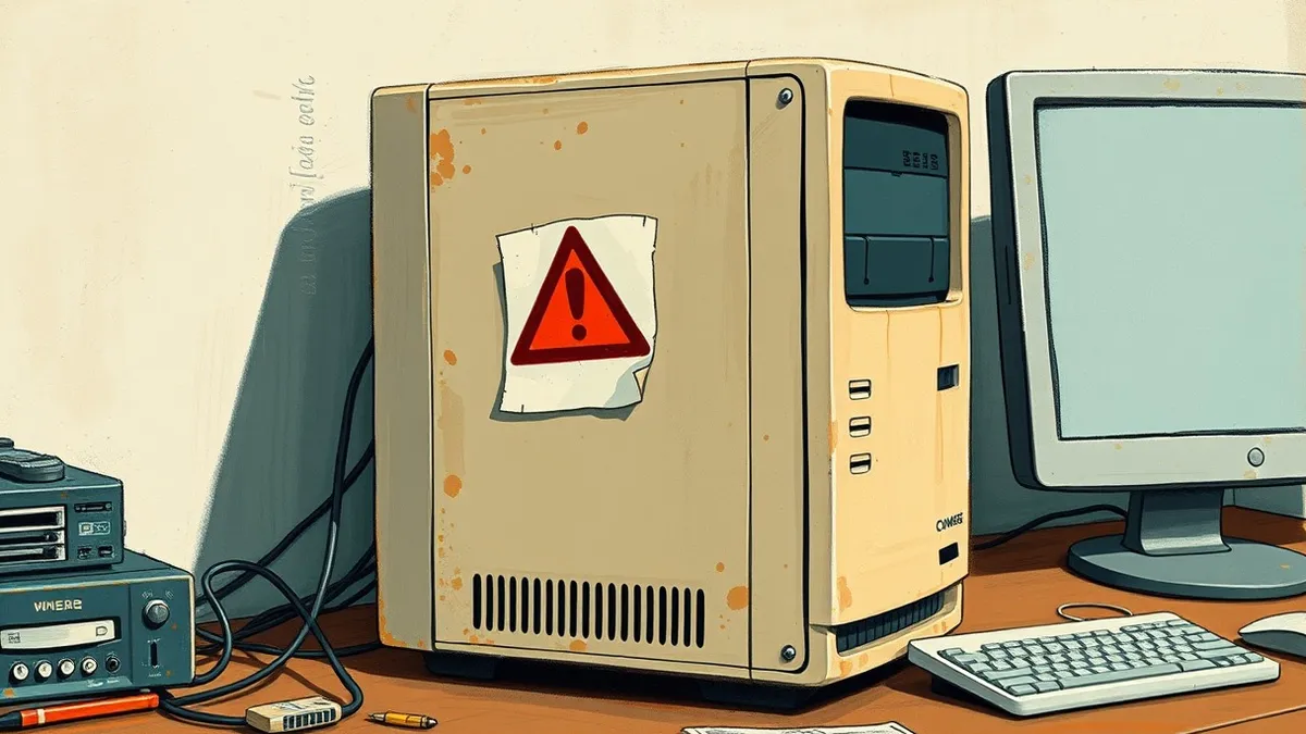 Illustration: A dusty beige desktop computer tower sits on a cluttered wooden desk next to a blank monitor.