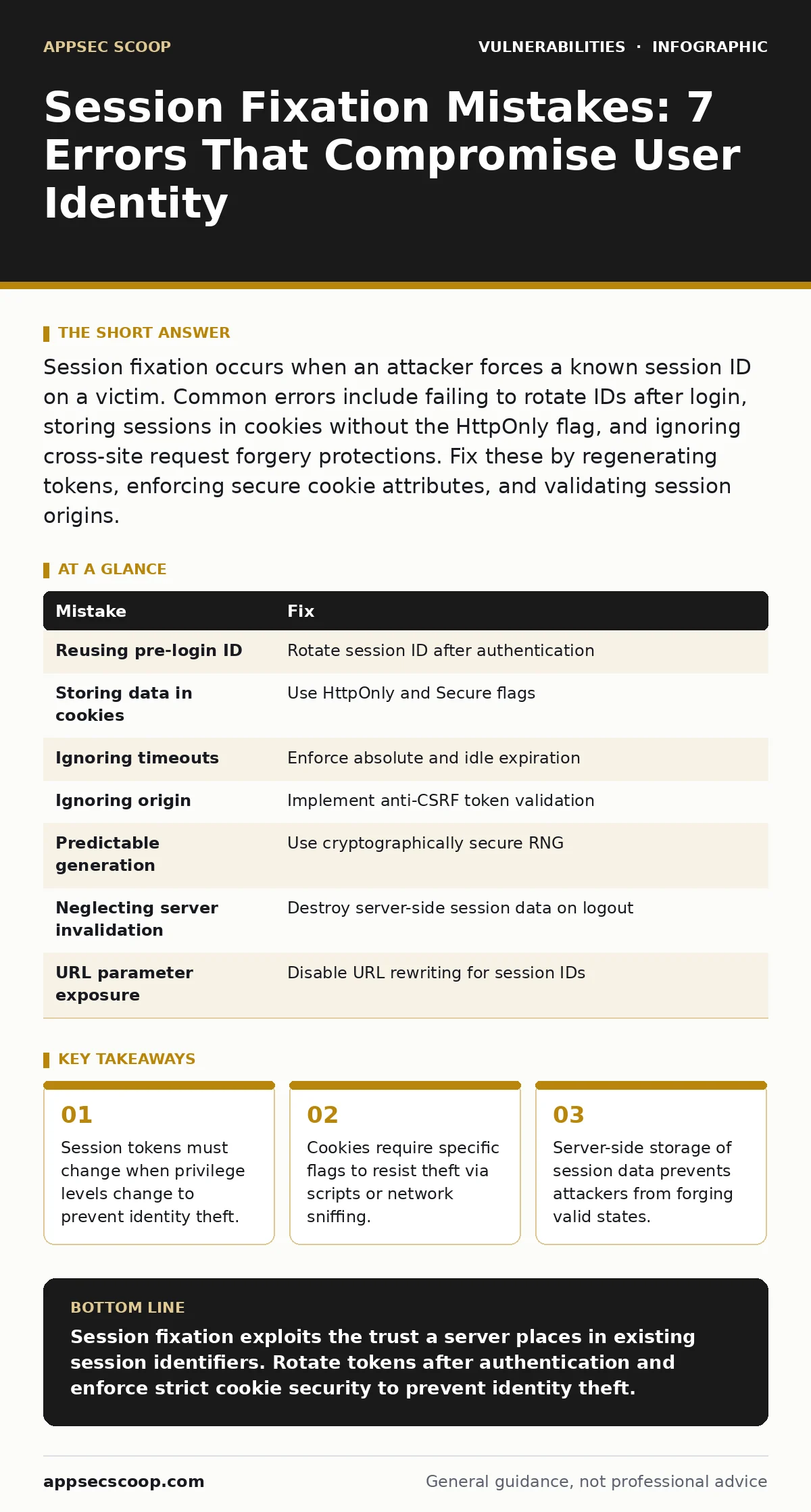 Infographic: Session Fixation Mistakes: 7 Errors That Compromise User Identity. Session tokens must change when privilege levels change to prevent identity theft. Cookies require specific flags to resist theft via scripts or network sniffing. Server-side storage of session data prevents attackers fr