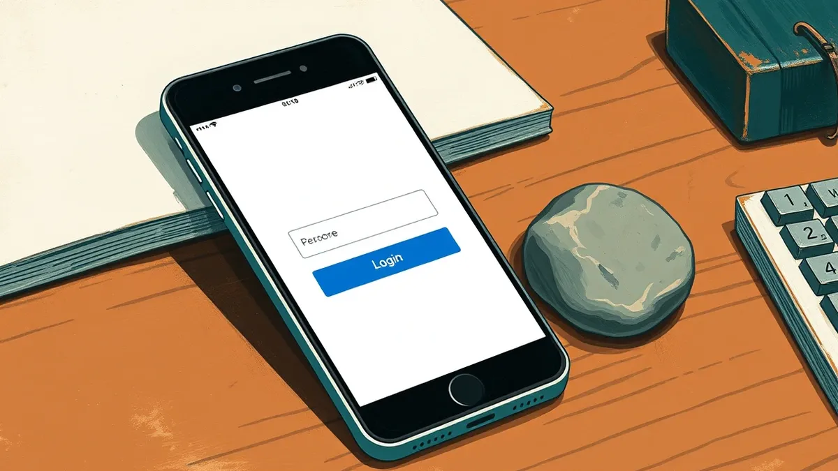 Illustration: A blank smartphone screen rests on a wooden desk next to a single, smooth stone.