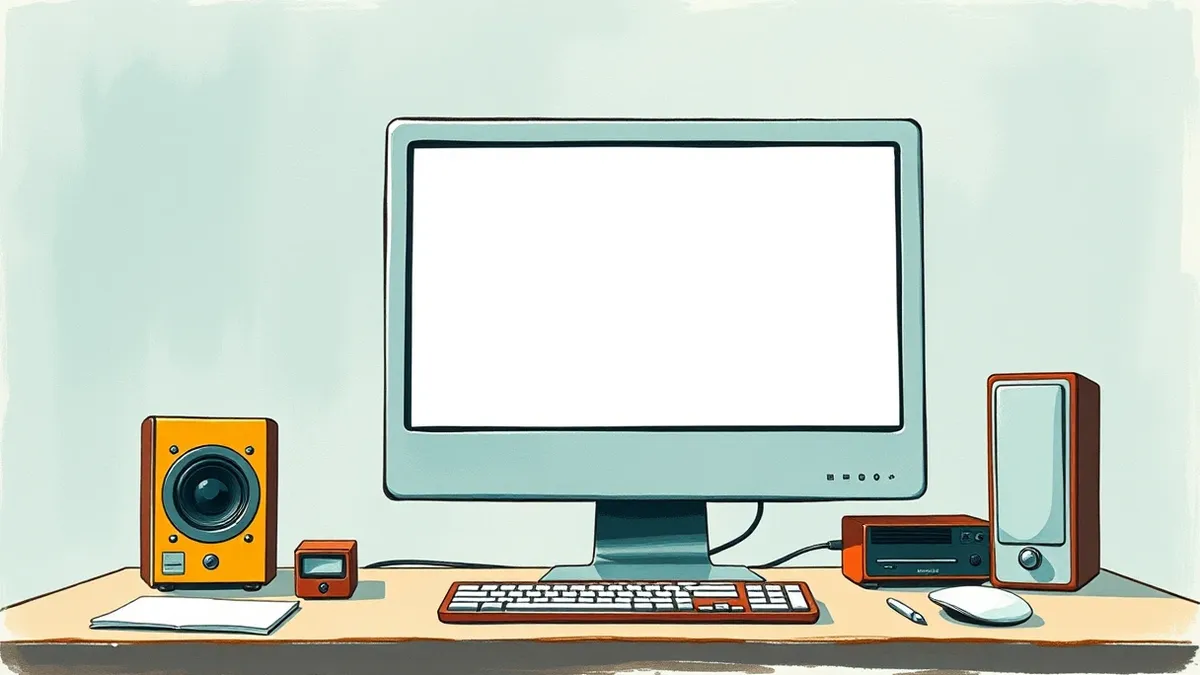 Illustration: A single computer monitor sits on a clean desk, displaying a stark, blank white screen that represents a frozen application.