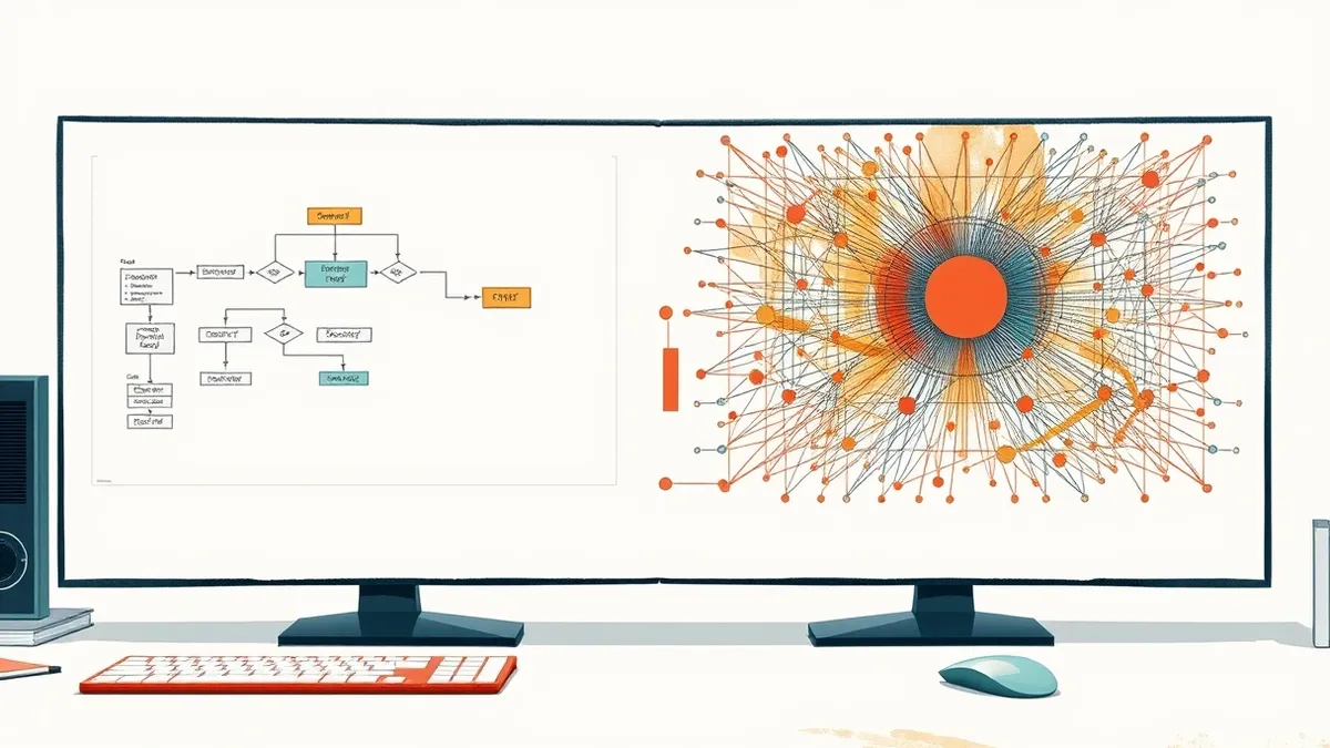 Illustration: A split desk scene shows a simple flowchart diagram on the left and a complex multi-layered neural network grid on the right.