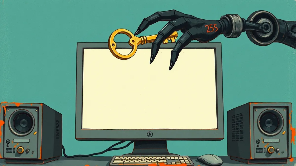 Illustration: A glowing, translucent key floats in mid-air above a blank computer monitor.