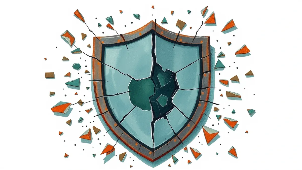 Illustration: A cracked survey template icon floats above a broken shield emblem.