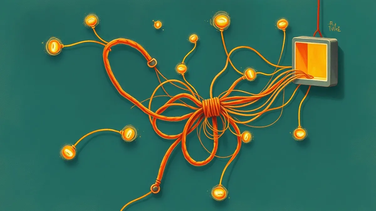 Illustration: A tangled knot of glowing threads connects a central hub to several empty slots.