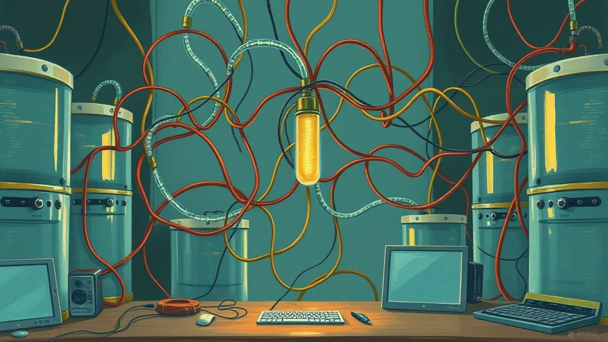 Illustration: A tangled web of translucent glass tubes connects various storage cylinders, illustrating complex data lineage.