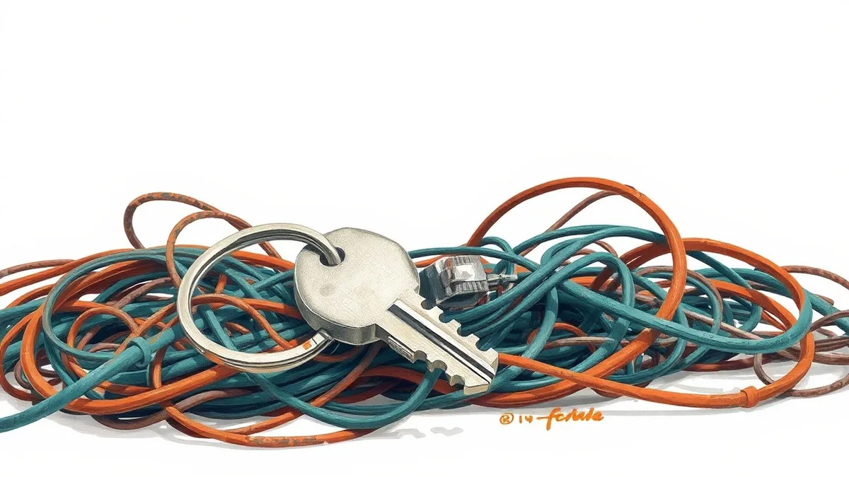 Illustration: A single silver physical key rests on a chaotic pile of tangled wires and tangled cables.