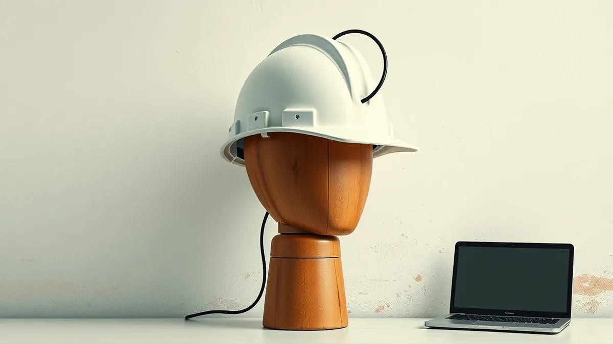 Illustration: A wooden mannequin head wears a pristine white hard hat that matches the wall behind it.
