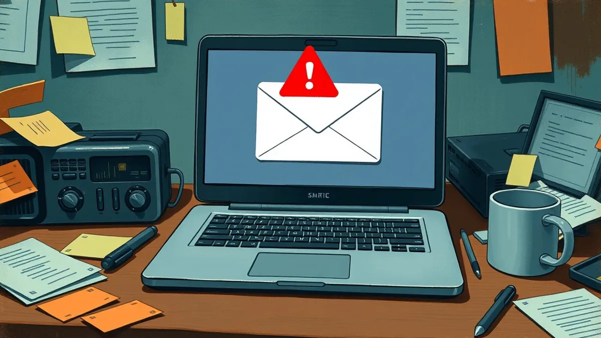 Illustration: A sleek laptop sits on a cluttered office desk, surrounded by sticky notes and a coffee mug.