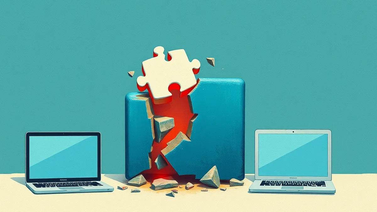 Illustration: A white puzzle piece floats above a fractured blue digital block, revealing jagged, unstable geometric shards beneath.