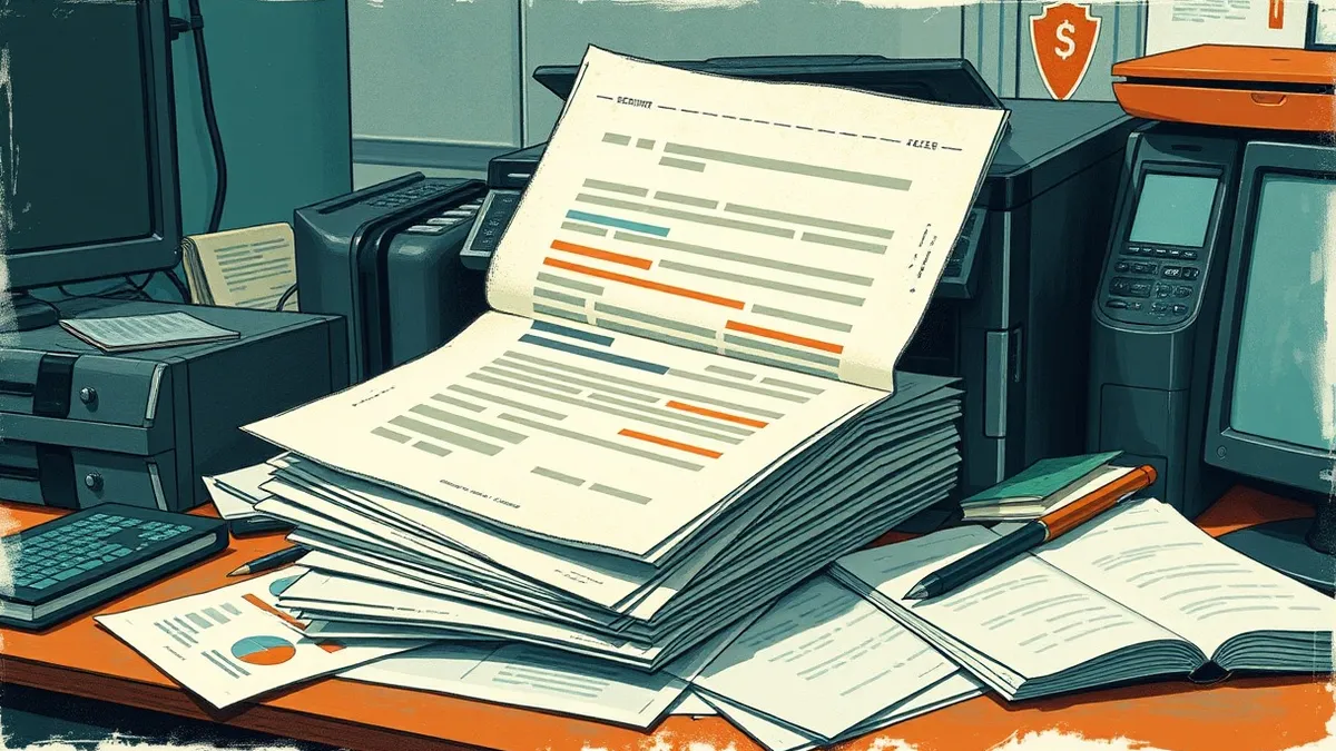 Illustration: A stack of printed papers spills from an office printer onto a cluttered desk, with one sheet partially visible showing abstract blurred lines that suggest sensitive 