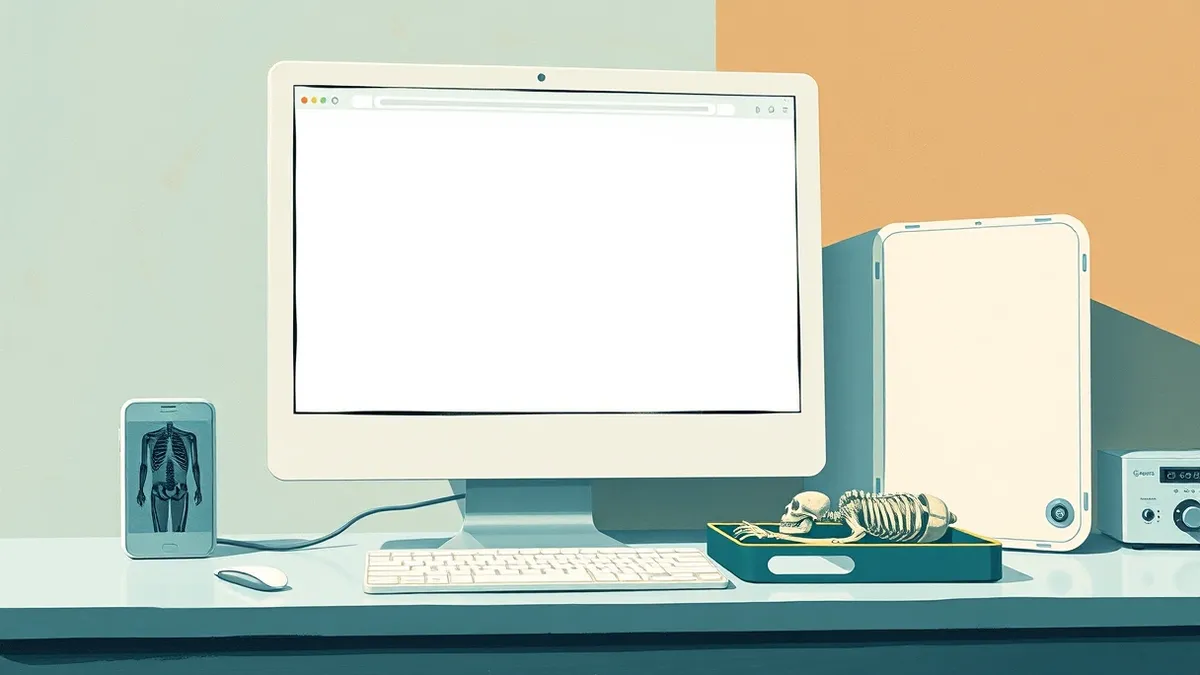 Illustration: A white desktop computer sits on a clean clinical desk.