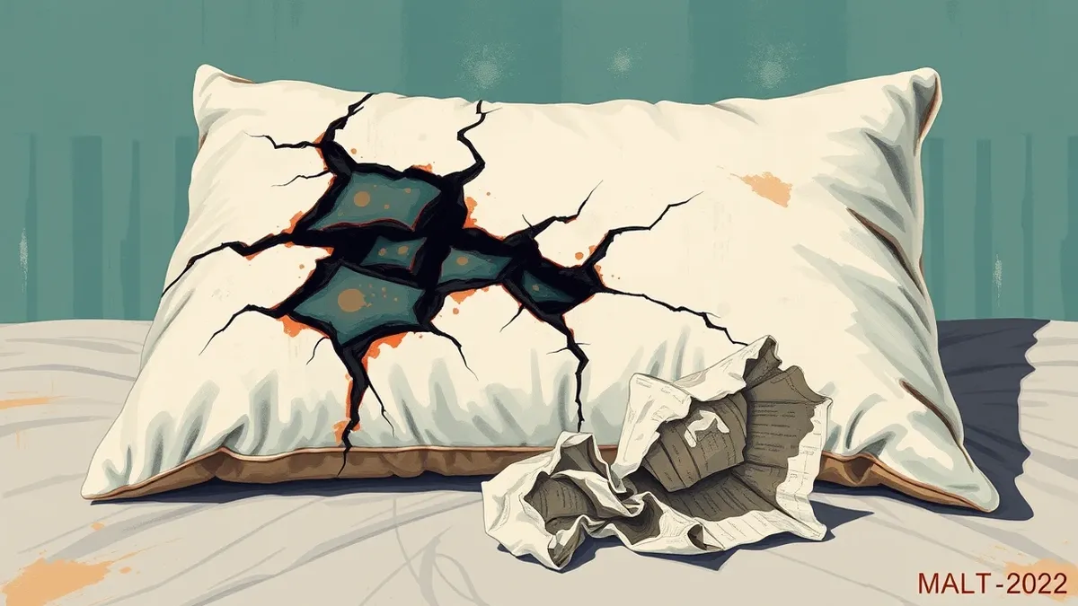 Illustration: A cracked open pillow rests beside a crumpled, malformed paper document.
