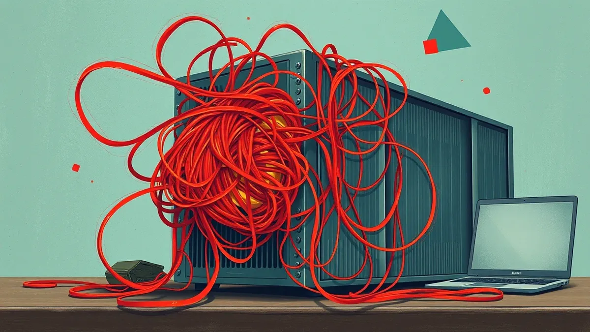 Illustration: A tangled knot of glowing red threads chokes a sleek, metallic server component, suffocating its cooling vents.