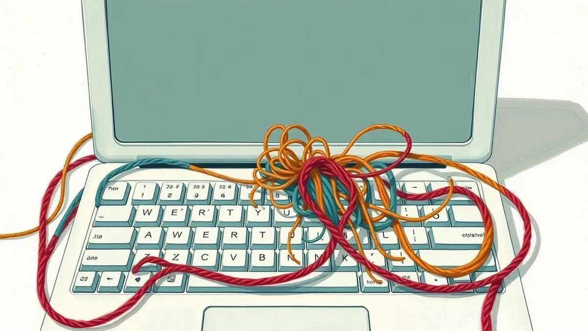 Illustration: A tangled nest of colorful yarn strands weaves through a pristine white computer keyboard.