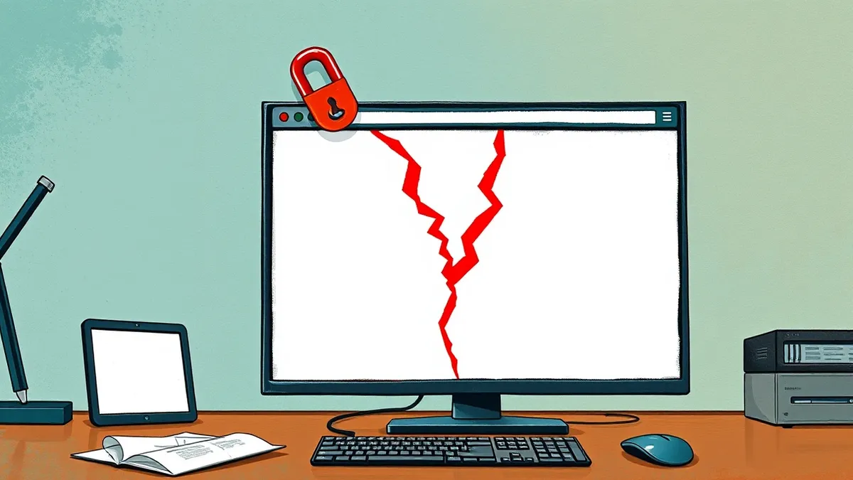 Illustration: A modern web browser window sits on a desk, displaying a blank white page with a broken chain link icon floating above it.