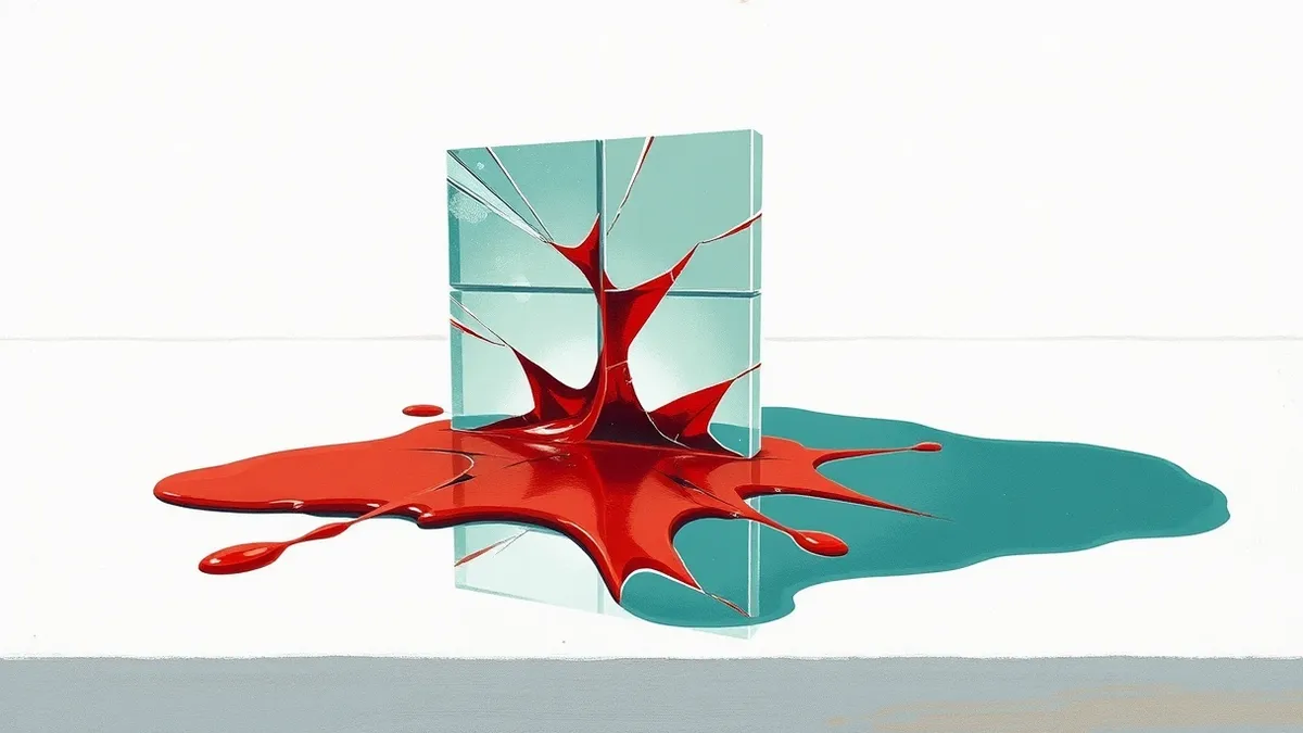 Illustration: A cracked glass pane shaped like a windows icon sits on a sterile white desk.