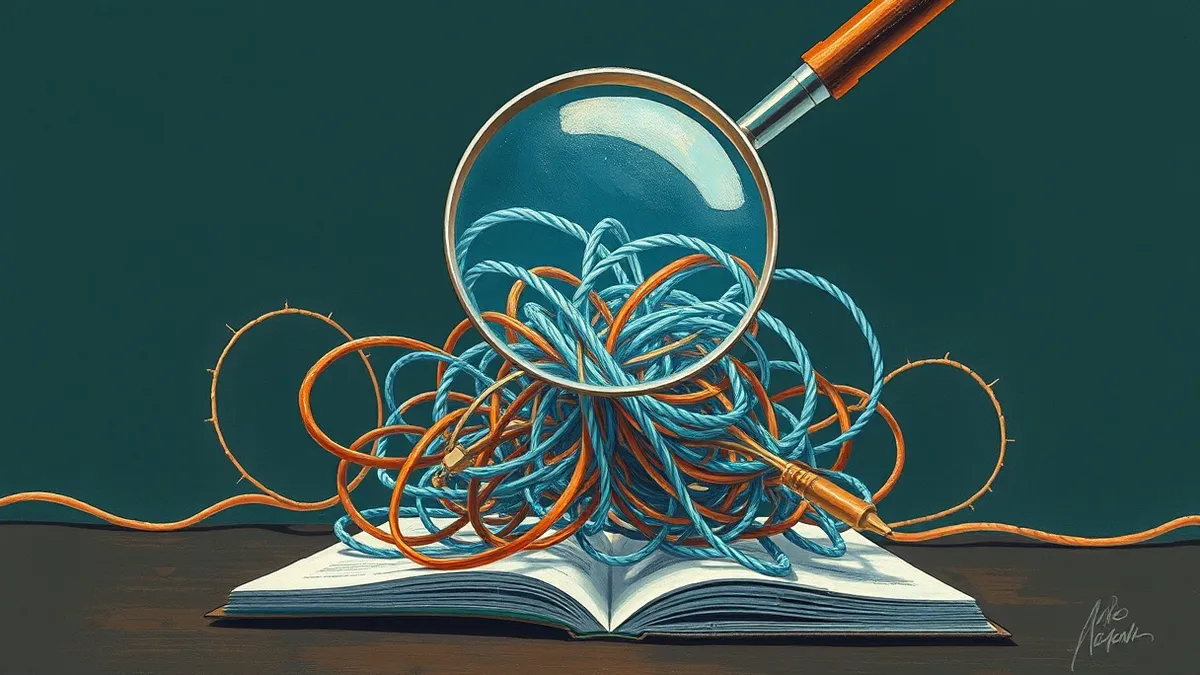 Illustration: A transparent magnifying glass hovers over a tangled knot of glowing blue wires.
