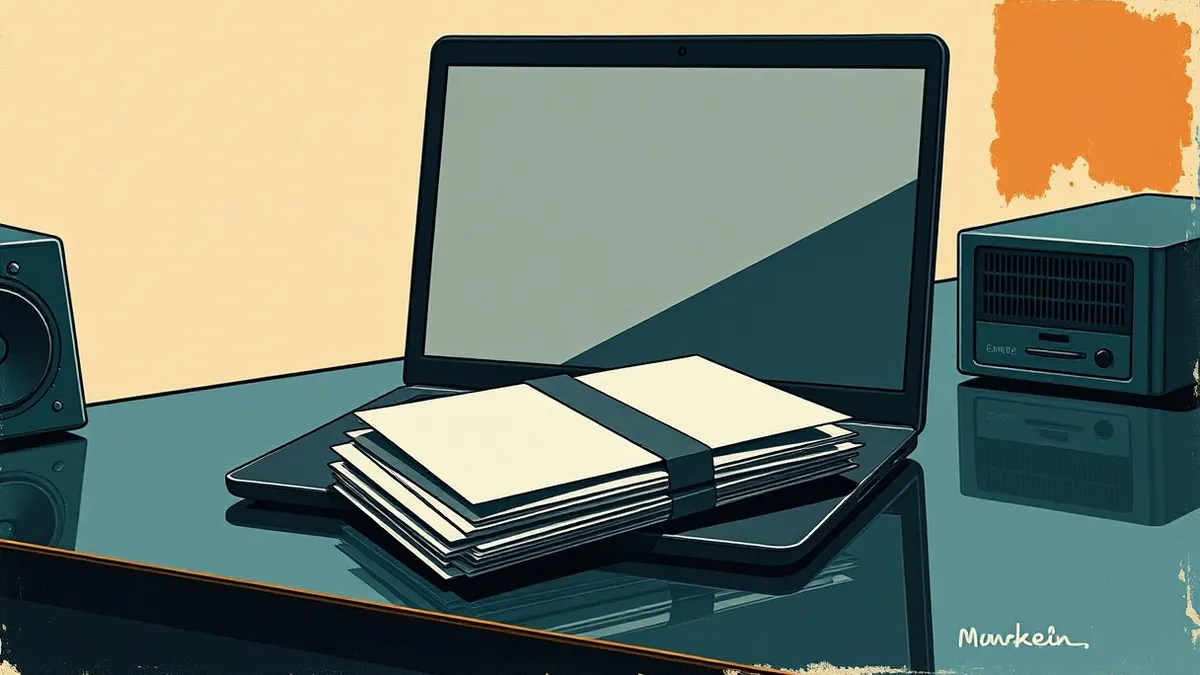 Illustration: A sleek black laptop sits open on a polished desk, its screen displaying a single red alert icon amidst blank grey fields.
