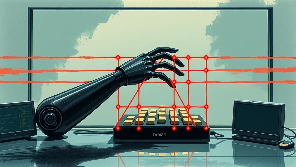 Illustration: A sleek, featureless black robot arm reaches across a transparent glass barrier toward a cluster of glowing data nodes on a sterile metal desk.
