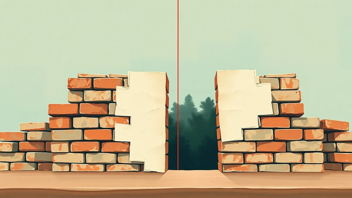 Illustration: A neatly stacked tower of blank paper forms an imperfect wall with a single, clearly missing brick in the middle.