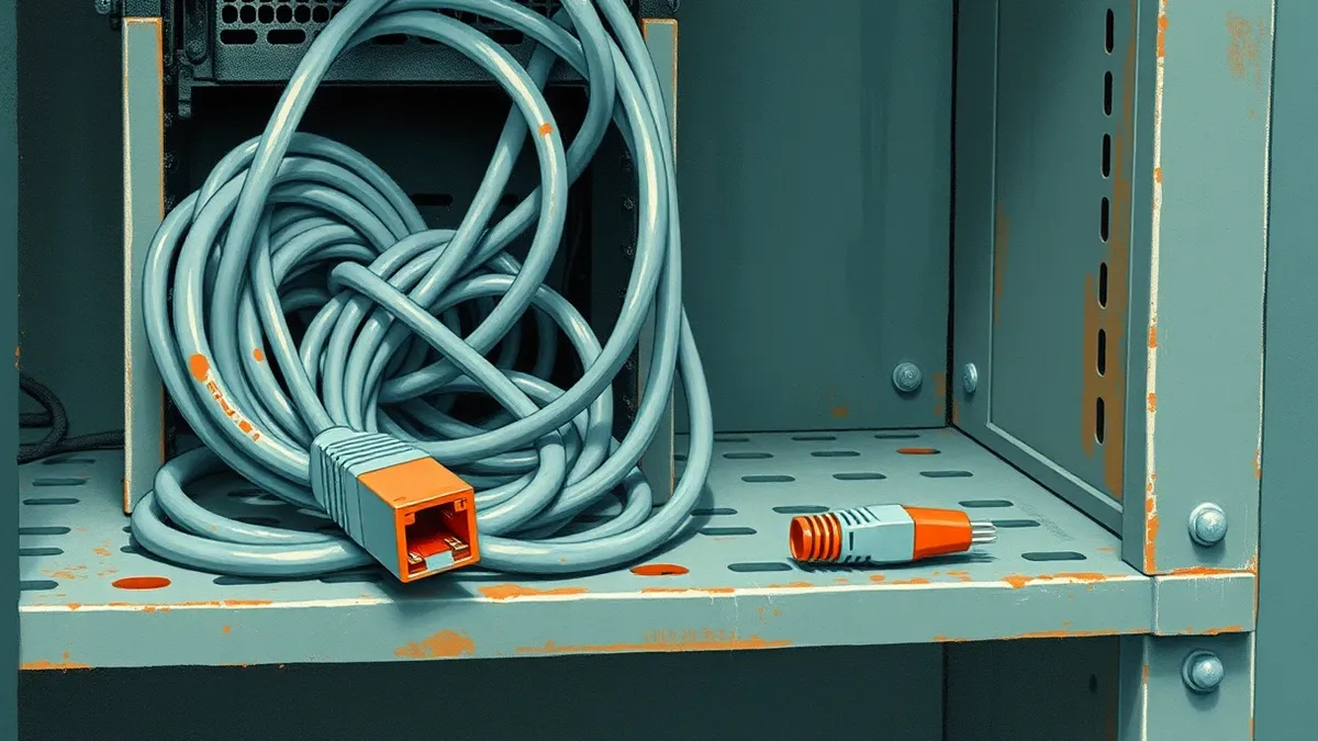 Illustration: A tangled knot of grey Ethernet cables spills from a small, open server chassis.