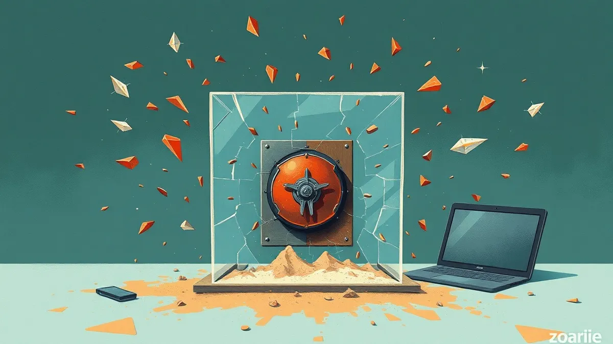 Illustration: A transparent glass shield blocks scattered jagged shards from hitting a central digital vault.