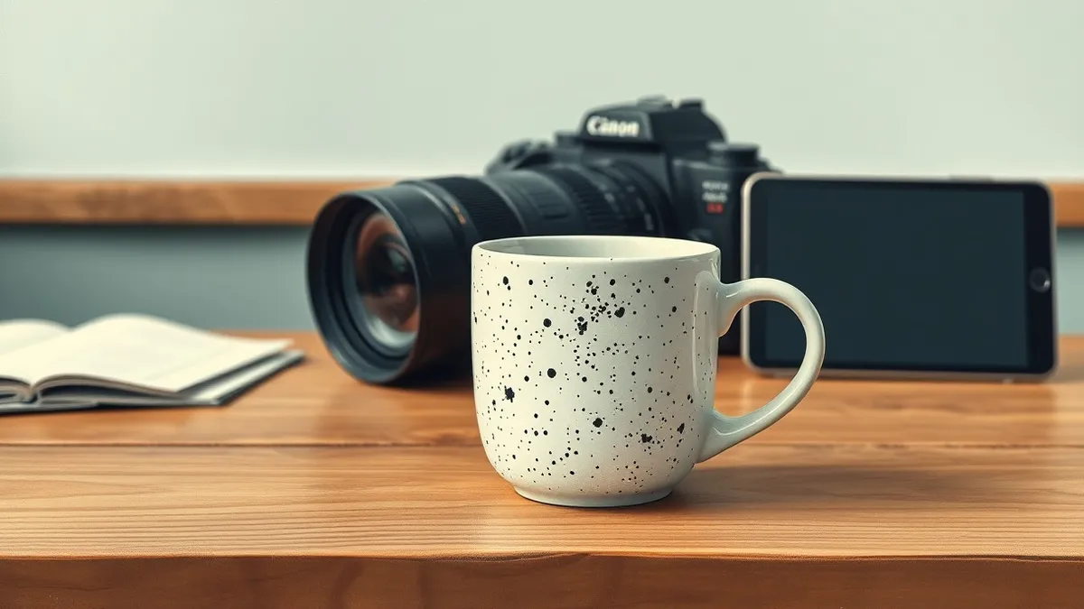 Illustration: A clean white coffee mug sits on a wooden table.