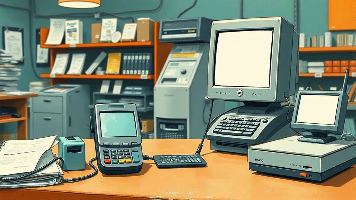 Illustration: A cluttered retail checkout counter sits beside a generic credit card terminal and a small cash register.
