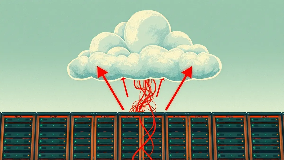 Illustration: A stylized cloud formation floats above a rigid geometric grid of server racks.