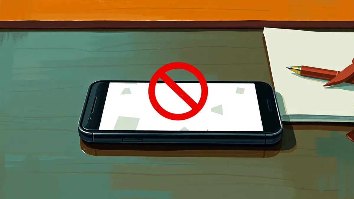 Illustration: A sleek black smartphone rests on a polished wooden desk, its screen displaying a blank white application interface with faint gray geometric shapes.