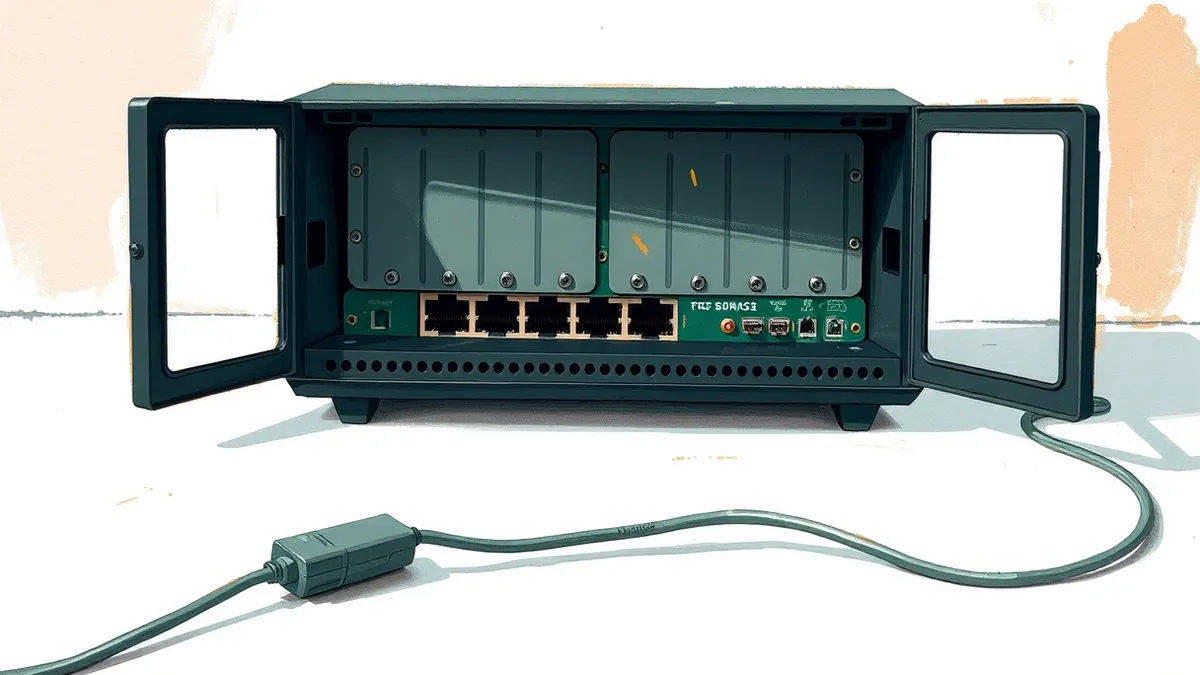 Illustration: A sleek black network router sits on a plain white surface with its front panel open, exposing blank circuit boards and empty screw holes.