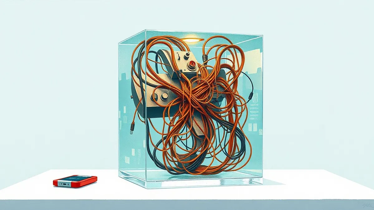 Illustration: A transparent glass cube sits on a clean white table, containing a complex tangle of colored wires and glowing nodes.