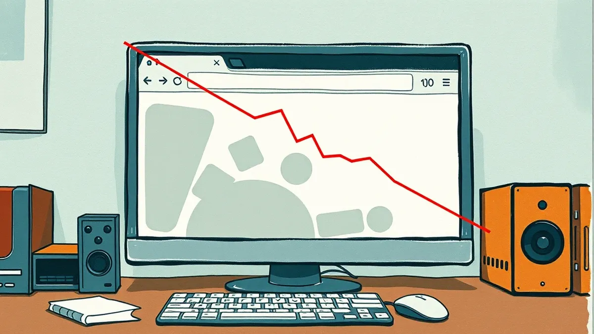 Illustration: A generic web browser window sits on a desk, its address bar blank and content area filled with abstract gray shapes.
