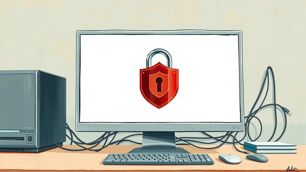 Illustration: A silver desktop computer sits on a clean desk, its screen displaying a blank interface with a prominent red shield icon at the center.