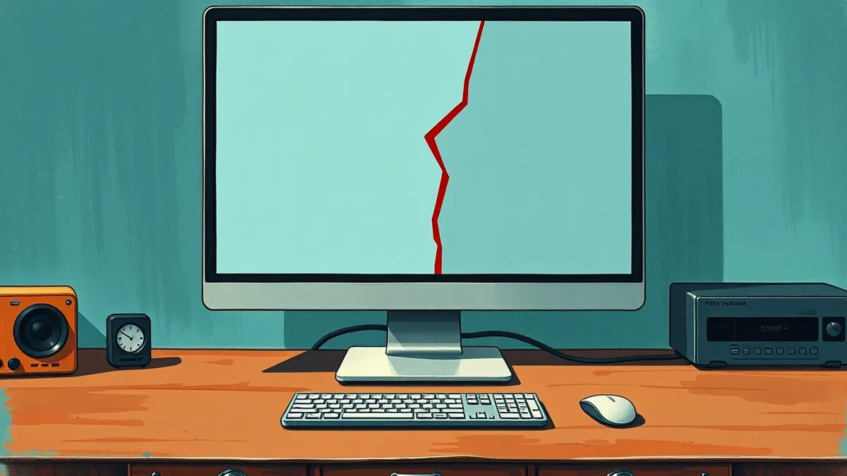 Illustration: A sleek desktop computer sits on a polished wooden desk.