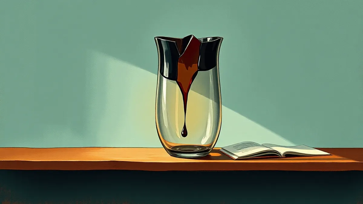 Illustration: A cracked glass vase sits on a wooden shelf, with dark liquid leaking out through the fissure to pool on the surface below.