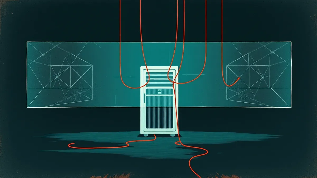 Illustration: A stark white server rack sits isolated in a dark room, separated by a thick, translucent barrier that glows with faint geometric patterns.
