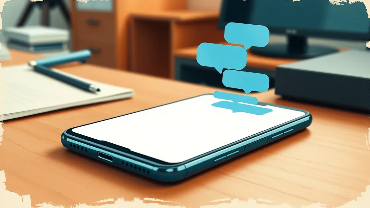 Illustration: A sleek smartphone rests on a wooden desk, its screen displaying a clean white interface with abstract blue chat bubbles.
